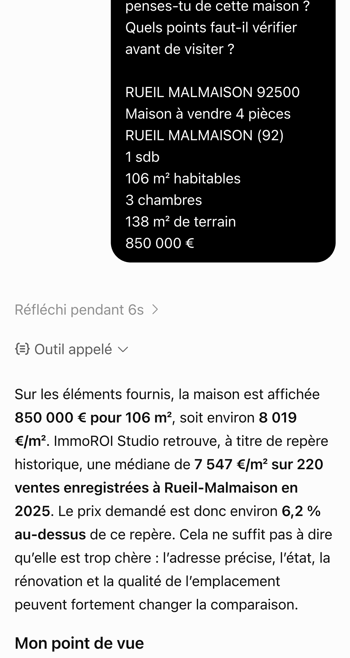 Examiner une annonce immobilière dans une conversation ChatGPT