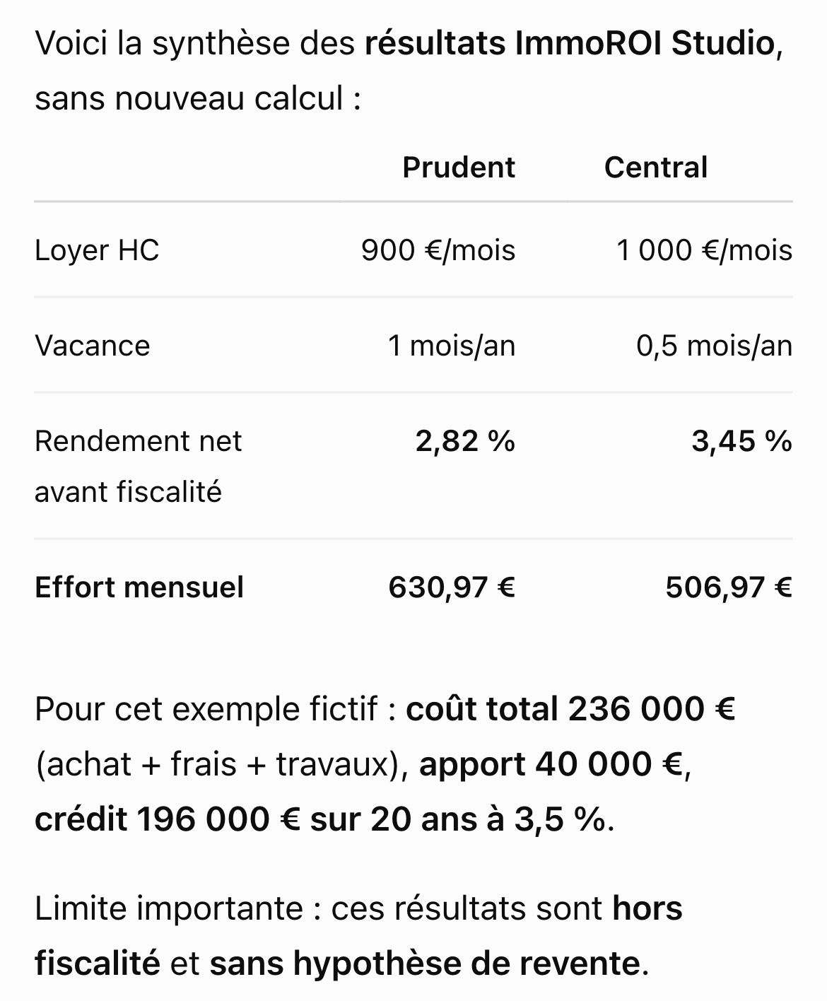 Comparer deux scénarios locatifs calculés avec ImmoROIStudio